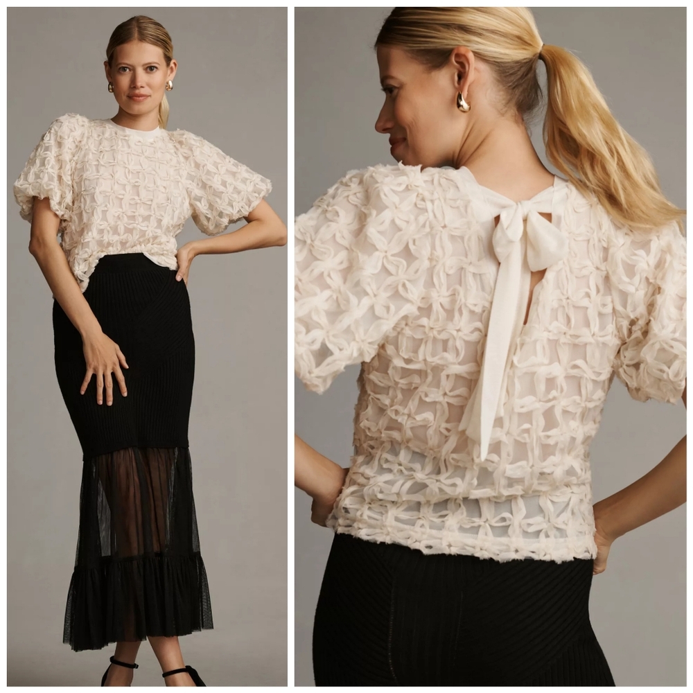 Anthro Sarah Hann Cream Tulle Karla Textured Puff Sleeve Top, S - Picture 12 of 12